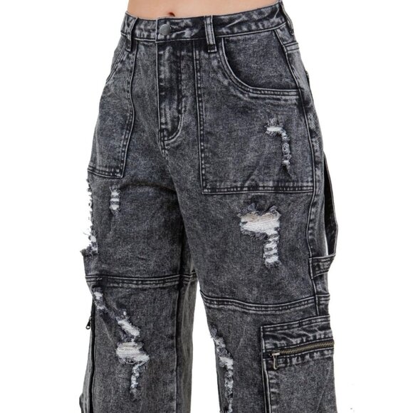 Twin Sisters Pants - Twin Sisters Basalt Distressed Cargo Pants Designed in Los Angeles